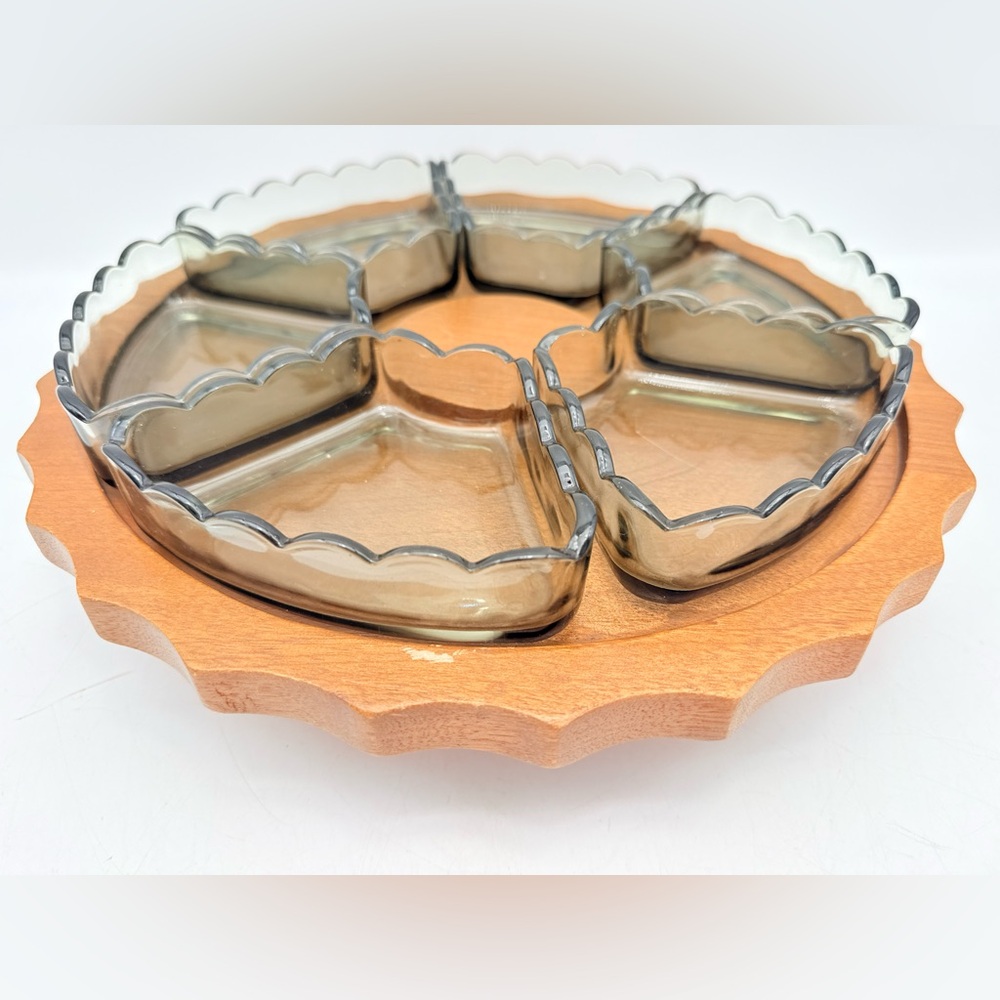 Vintage Walnutware Lazy Susan Set | Wood Rotating Base & Glass Dishes